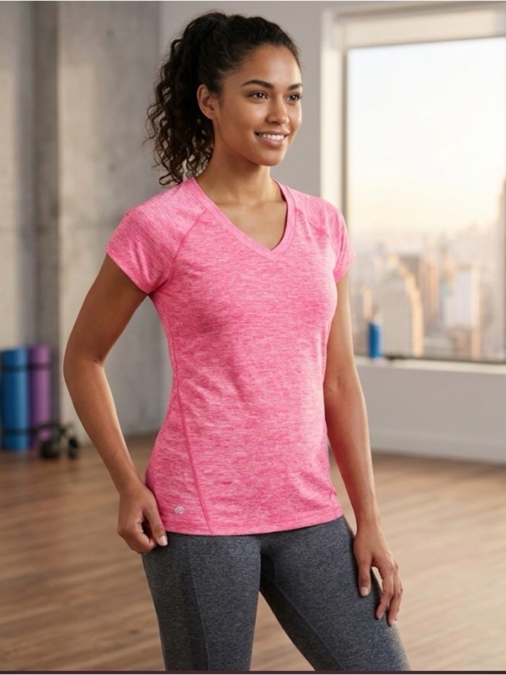 Ideology Pink Heathered V-Neck Athletic Tee Shirt - Size S